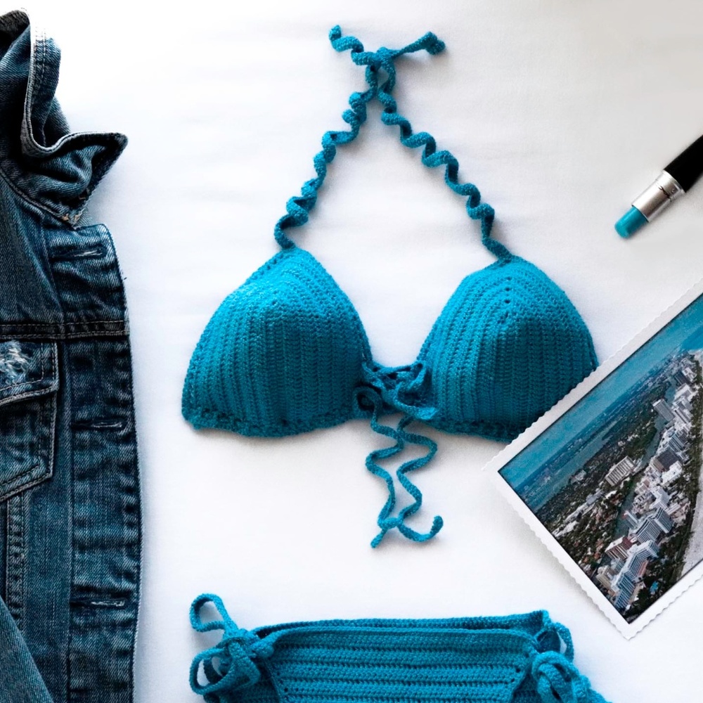 Handmade Crochet Blue Bikini Set. Sexy swimsuit.